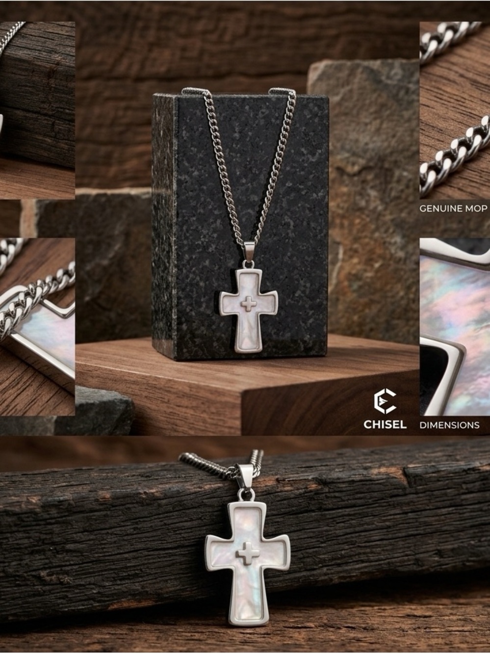 Silver Cross Pendant Necklace with White Mother-of-Pearl Inlay